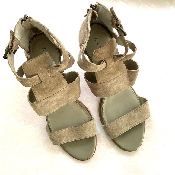 Hinge Taupe Leather Ankle Zip Heeled Sandals Sz 11 - Picture 4 of 13